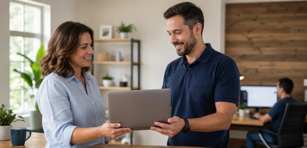 A friendly computer specialist returning a working laptop to its owner