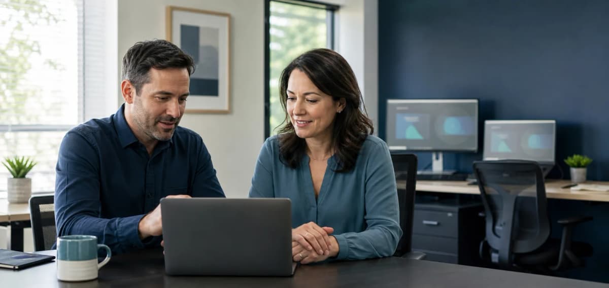 A cybersecurity specialist and small-business owner calmly reviewing protected computers
