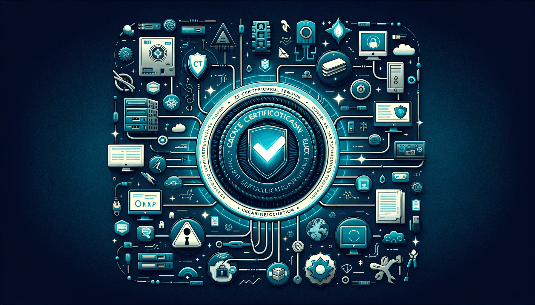 IT certification badge surrounded by hardware networking and security knowledge domains