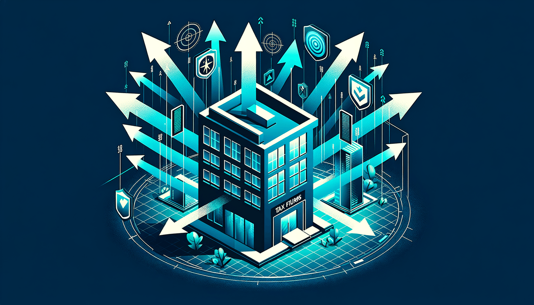 Multiple attack vectors converging on office building with security barriers deflecting threats