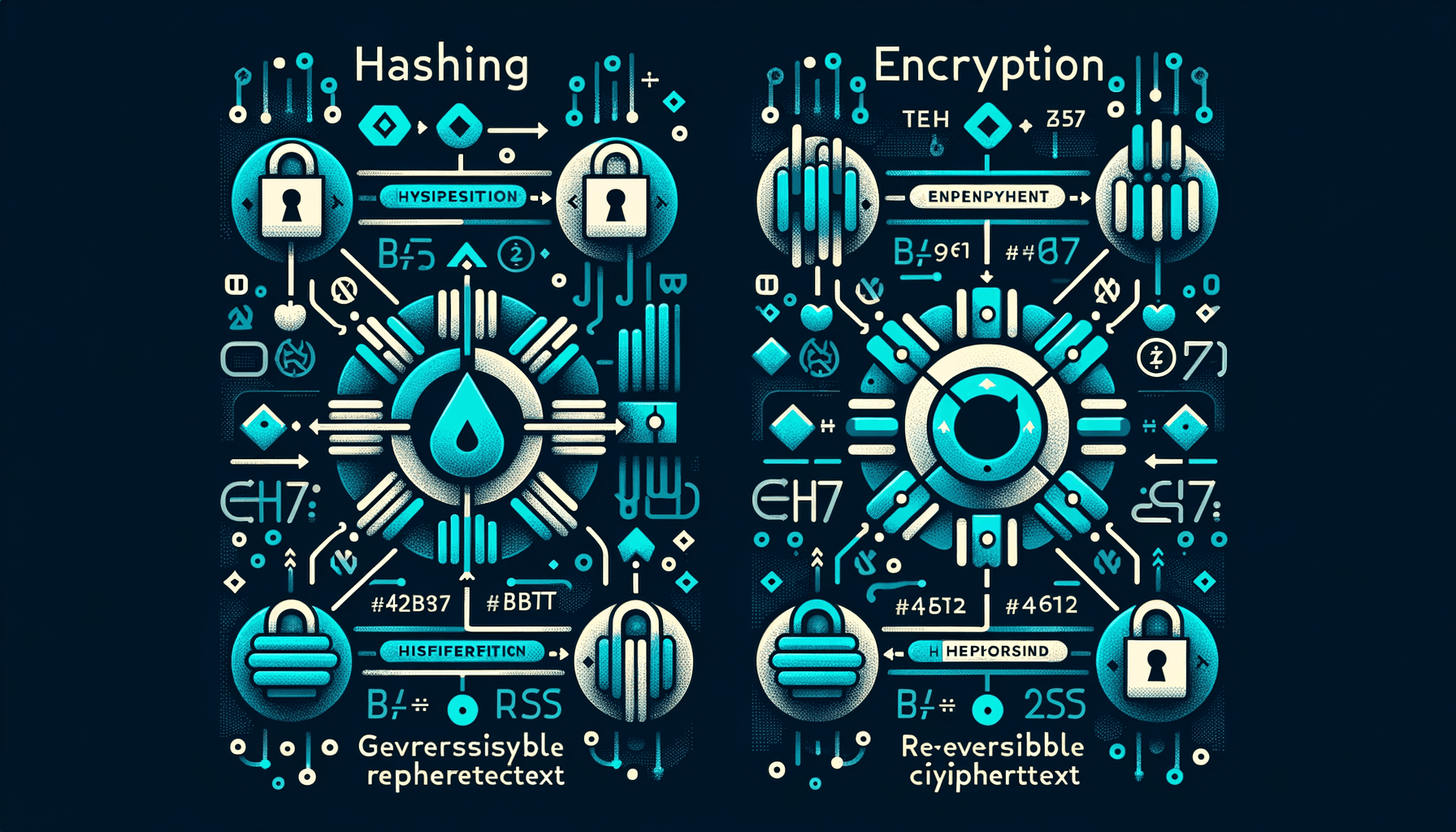 Two cryptographic processes compared: one-way hashing and two-way encryption with key pairs