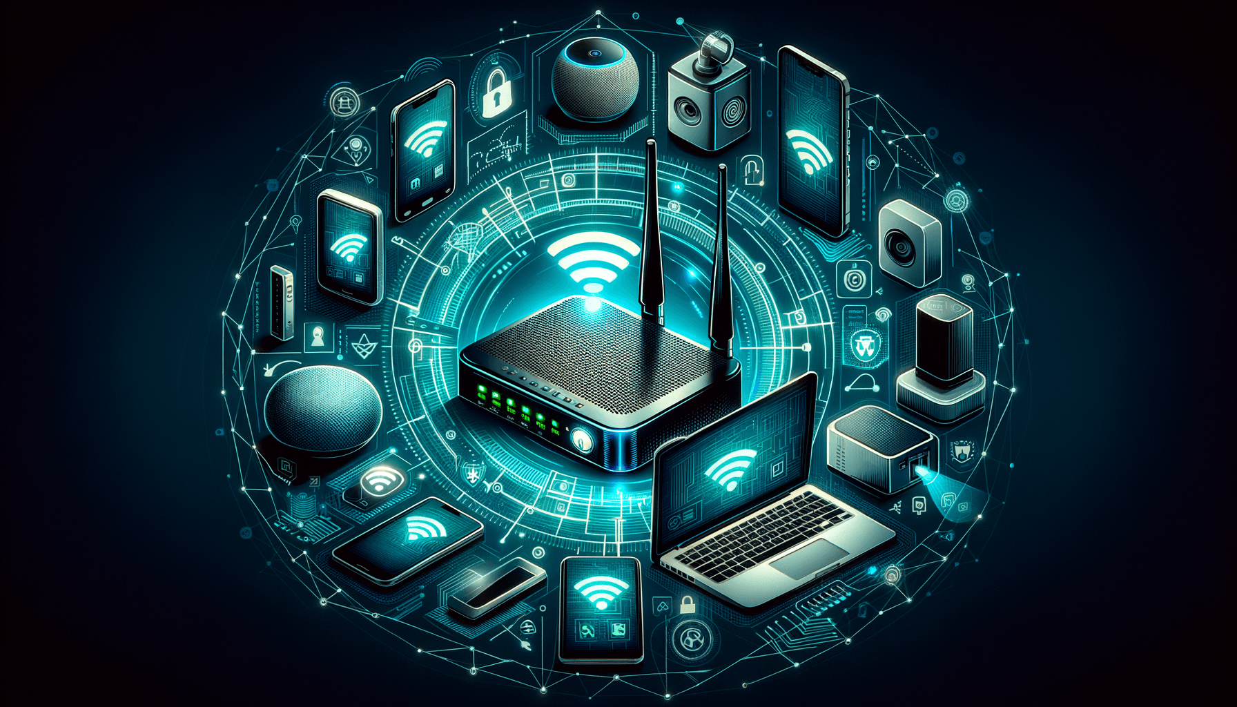 Home WiFi router with connected smart devices protected by security perimeter