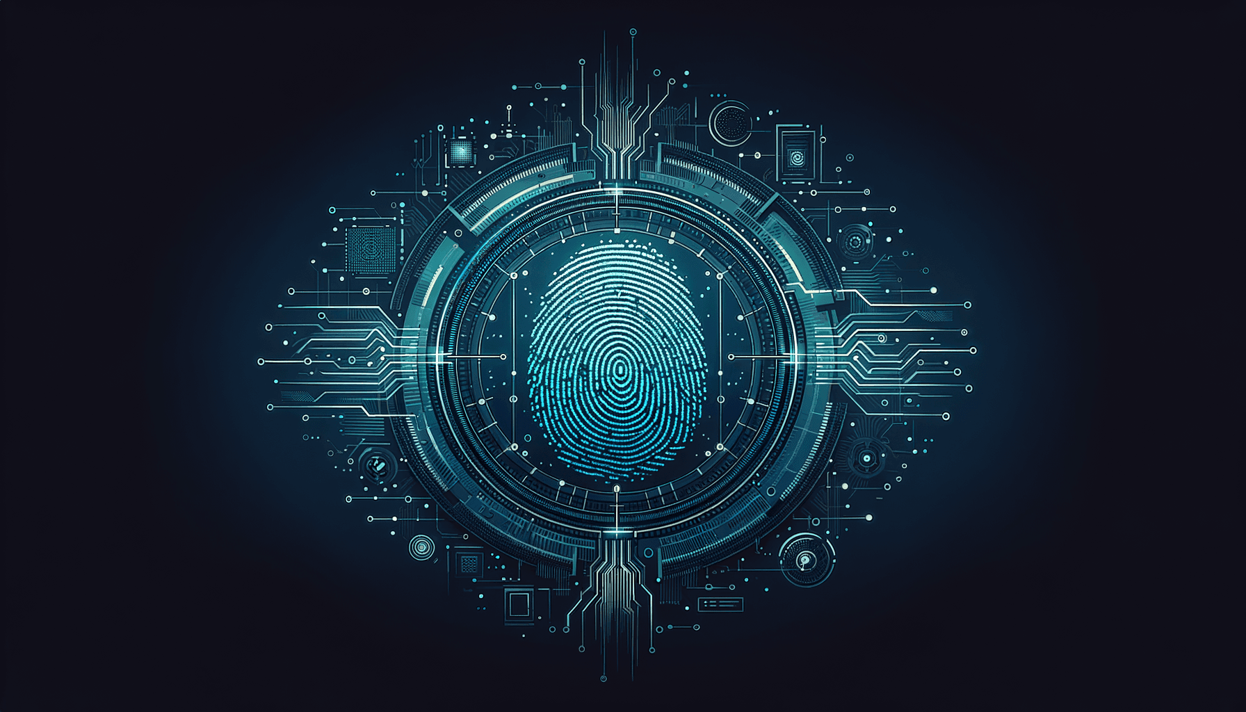 Digital fingerprint surrounded by protective layers and identity verification elements