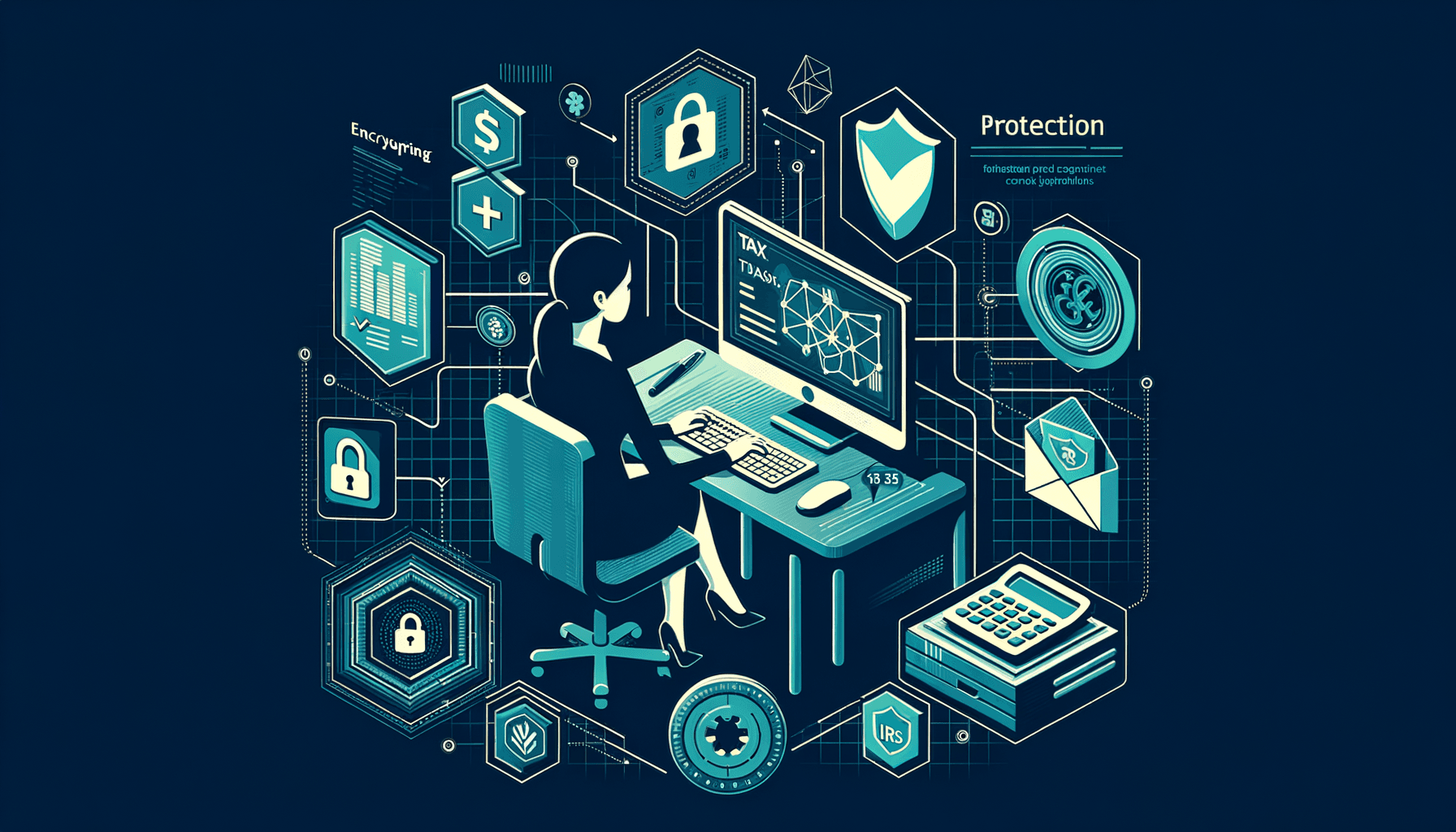Tax professional remote workstation connected through secure VPN tunnel with IRS compliance