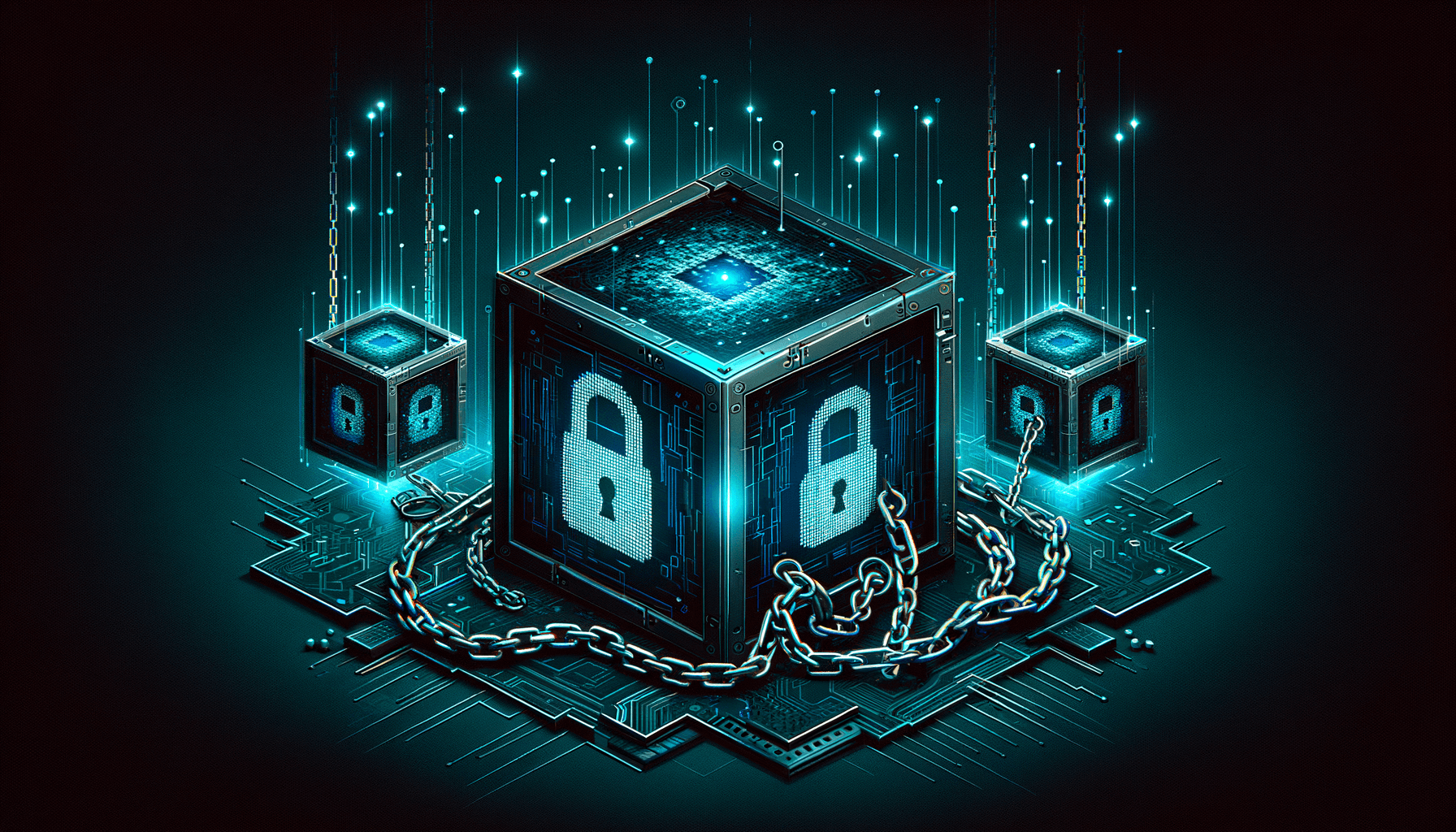 Encrypted files locked with chains and padlocks representing ransomware attack