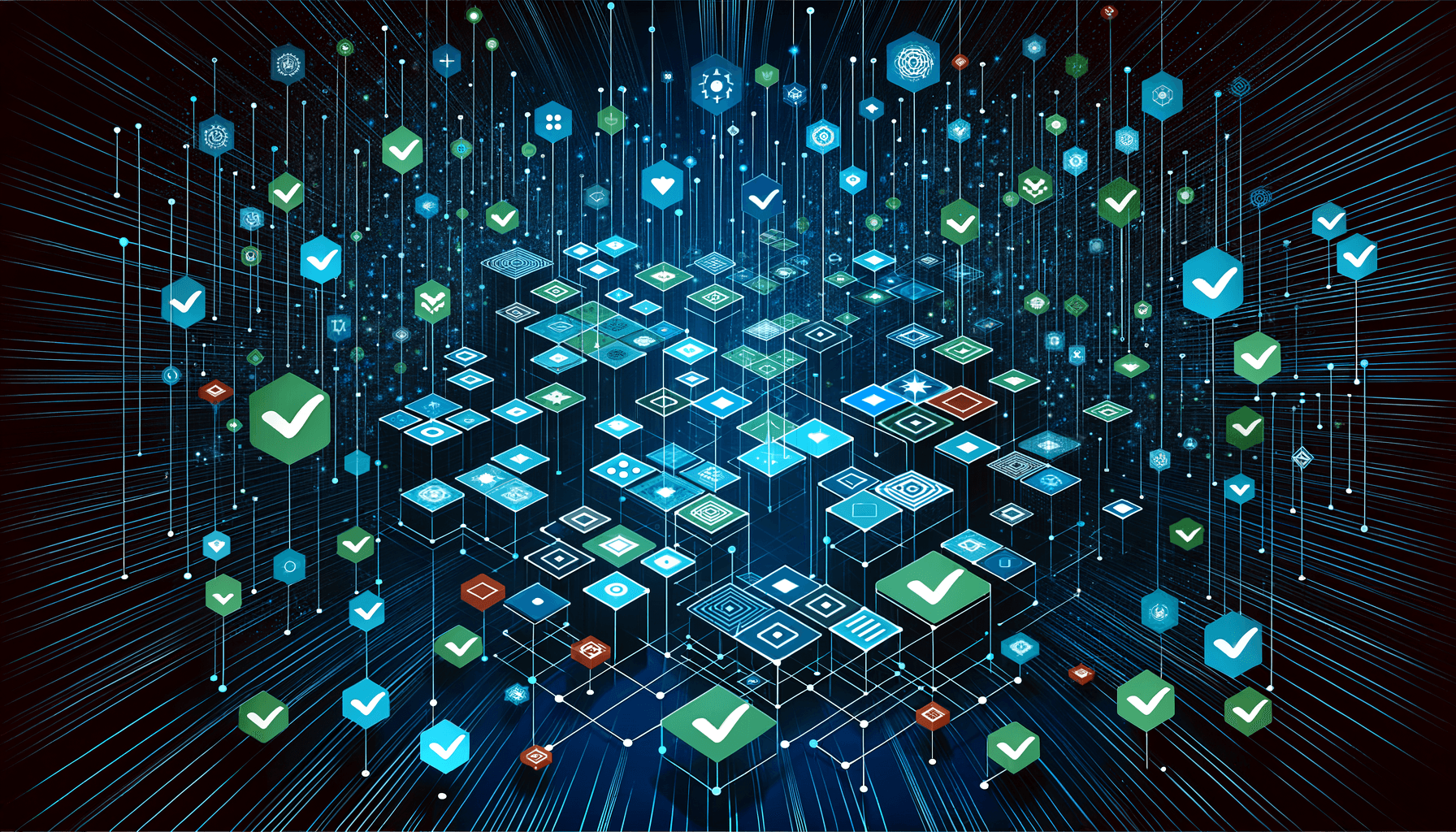Checklist matrix with verification checkmarks cascading across interconnected security domains