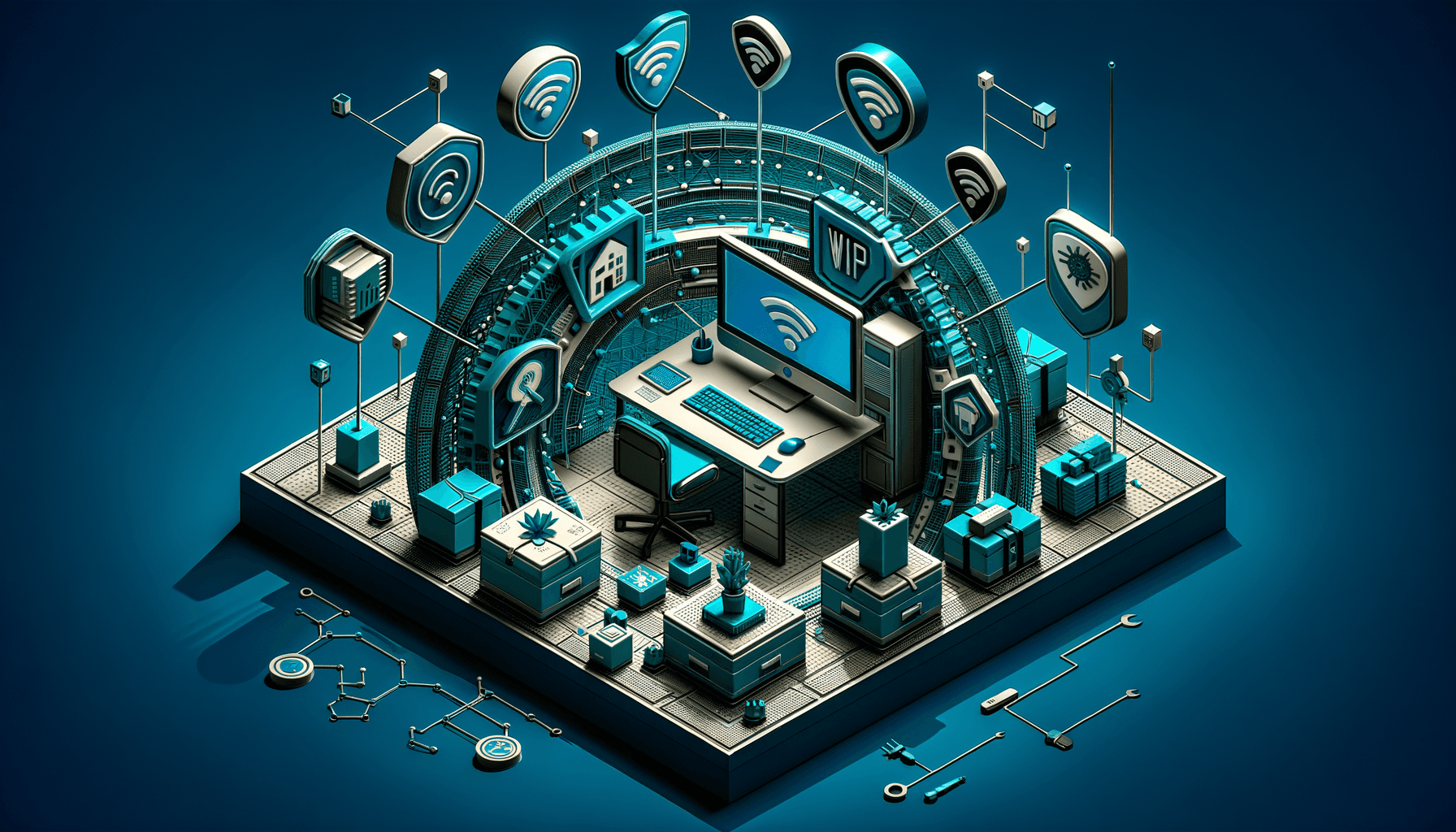 Compact security framework with protection layers assembling around small office