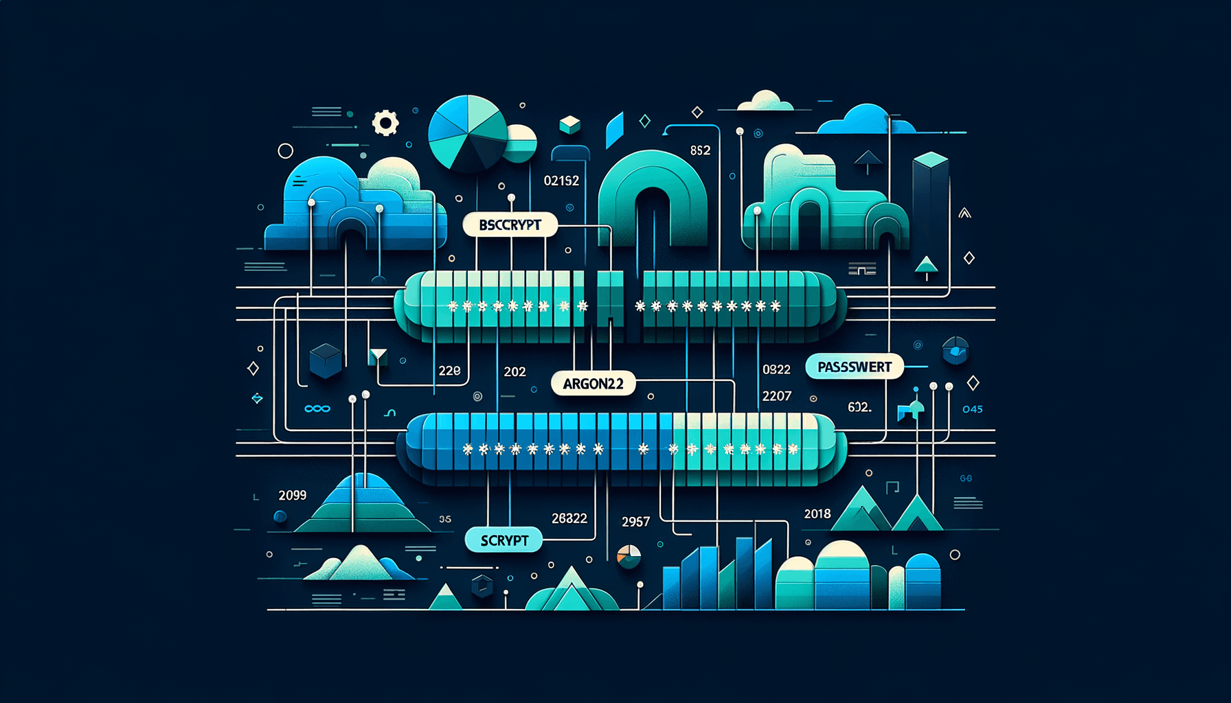 Three password hashing algorithm pipelines compared with computational processes