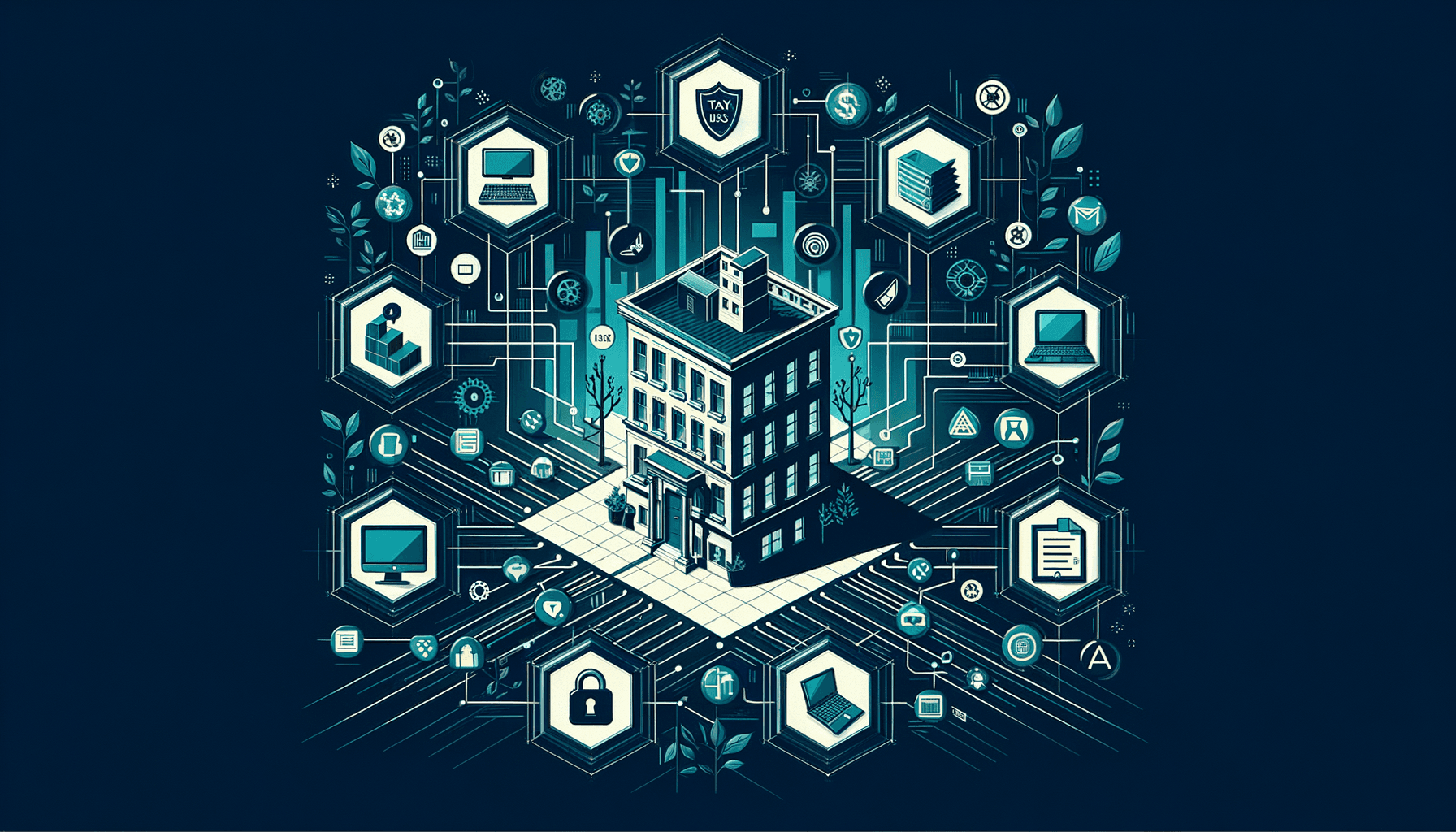 Comprehensive IRS Security Six framework surrounding tax office with interconnected elements