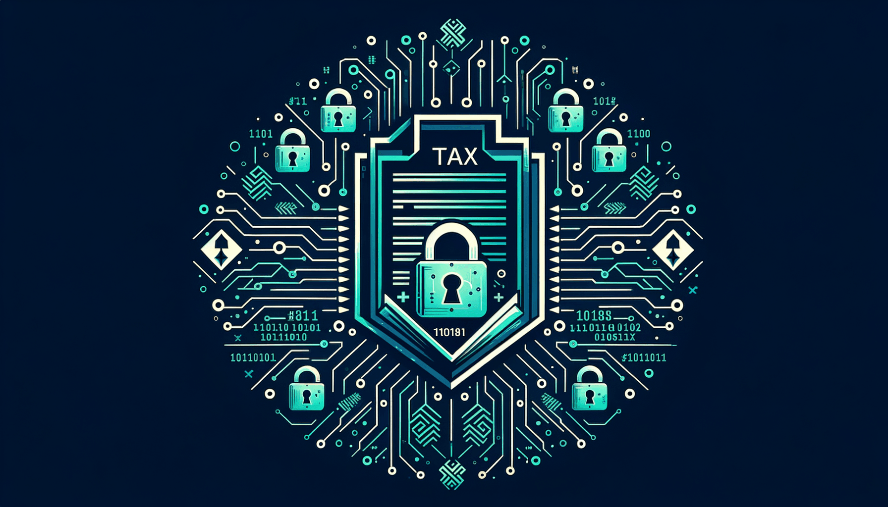 Digital encryption locks surrounding tax documents flowing into secure vault
