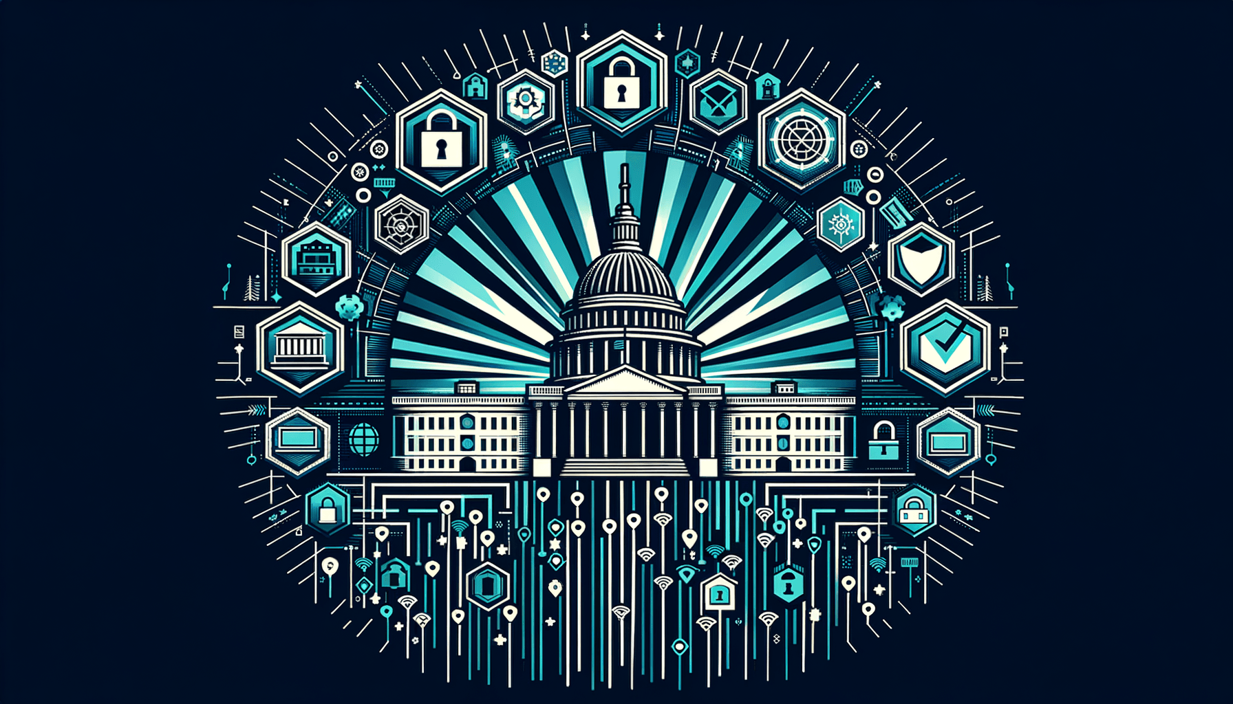 Government building with compliance requirement rays connecting to security control icons