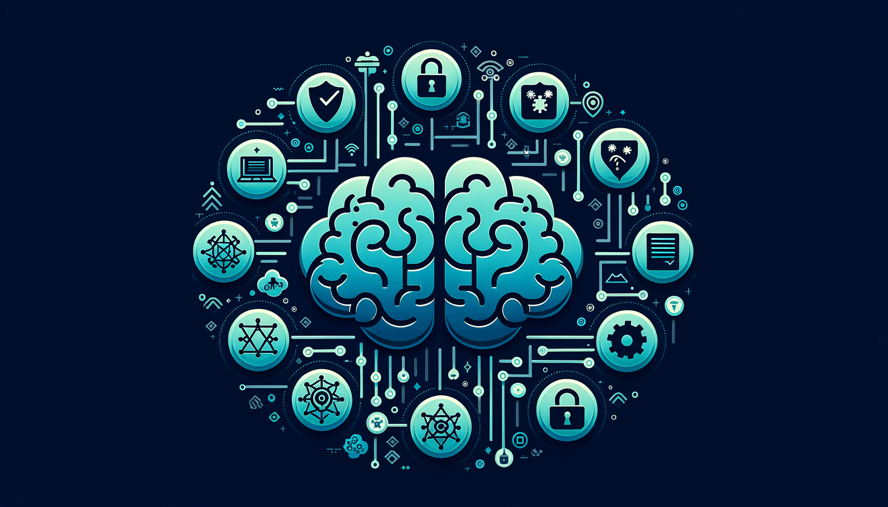 Brain icon surrounded by security knowledge modules connected by neural learning pathways