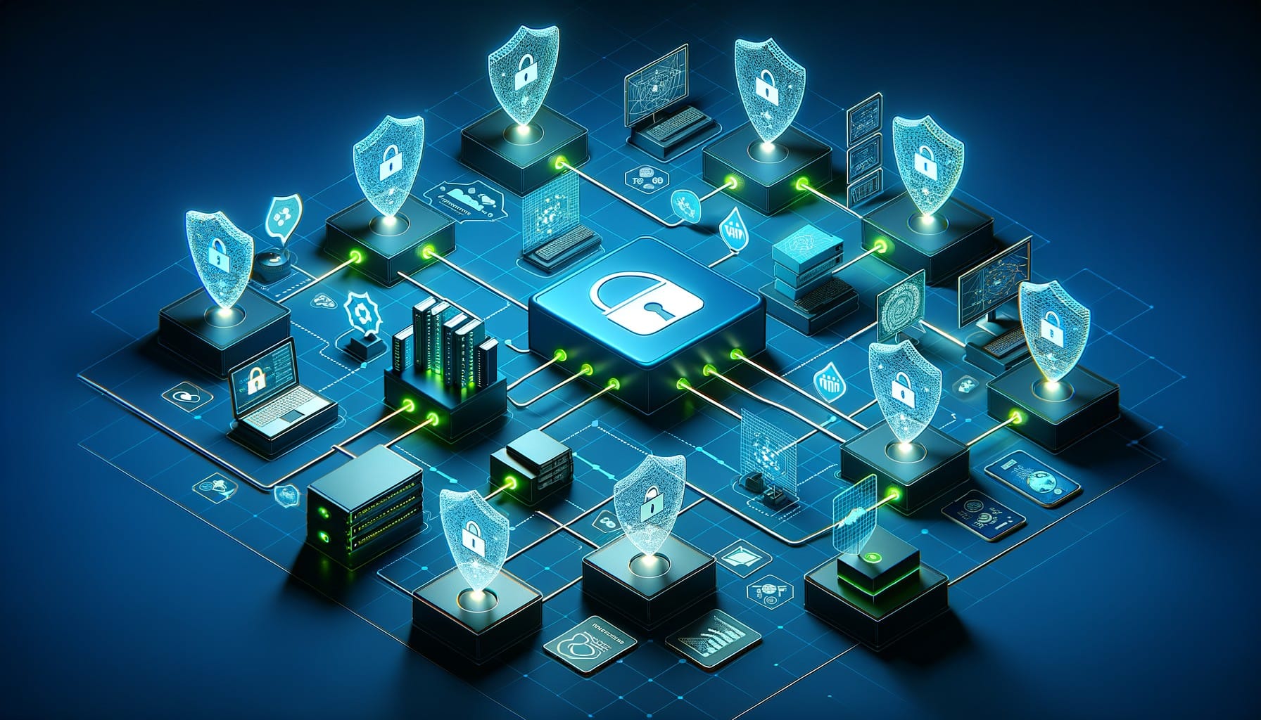 Modern 3D visualization of secure network architecture with interconnected nodes and security shields