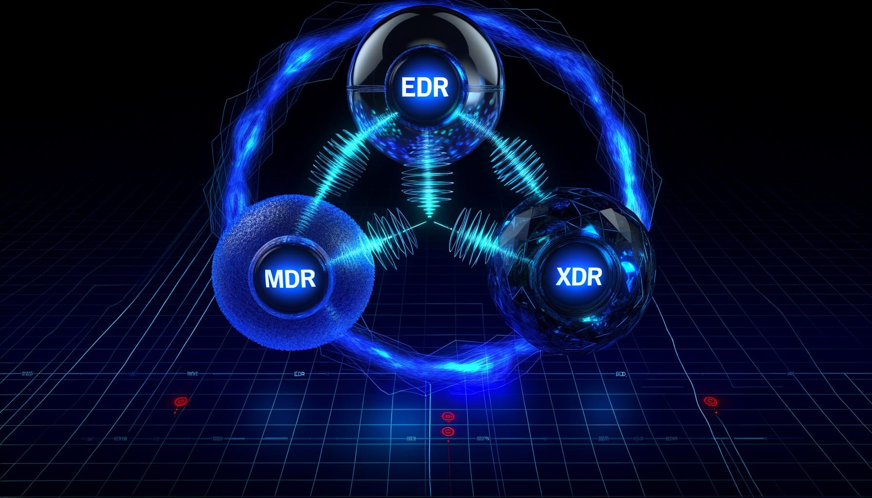 Futuristic EDR MDR XDR security visualization with interconnected spherical detection zones